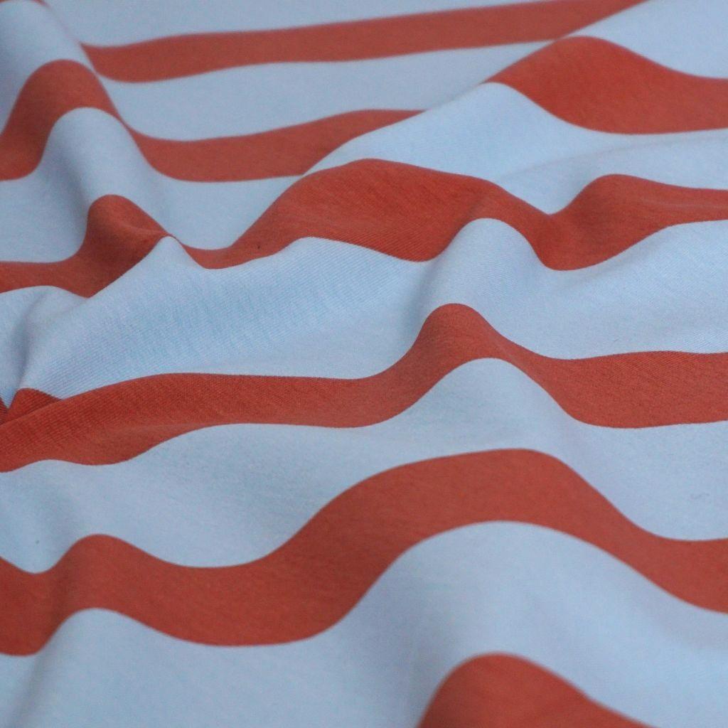 French Terry Blockstreifen diagonal hellblau rostrot